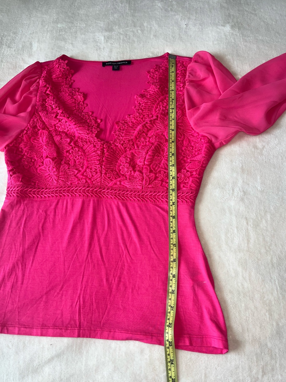Boston Proper Hot Pink Scallop Lace V-Neck Long Sleeve Blouse Small - Picture 11 of 14